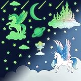 KAIRNE Wandtattoo Kinderzimmer Mädchen,Einhorn Leuchtender Wandaufkleber,Schlos...