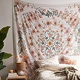 Beige Bohemian Tapisserie Wandbehang, Mandala Blumenmedaillon mit weißem ästhetischen...