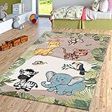 TT Home Kinderzimmer Teppich Dschungel Zoo Tiere Zebra Tiger Löwe AFFE Beige Creme,...