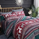 Michorinee Weihnachten Bettwäsche 140x200 Rot Grün Rentiere und Schneeflocke Muster...