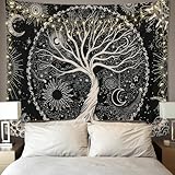 Betylifoy Baum des Lebens Tapisserie Mond und Sonne Schwarzer Wandbehang Tapisserie...