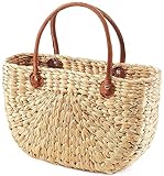 Kobolo Tasche Korbtasche aus Wasserhyazinthe - mit Ledergriffen - Natur braun