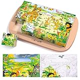 Rolimate Bilderwürfel Holz, Holzpuzzle 3D Würfelpuzzle Puzzlespiele 6 in 1 Tier-Motive...