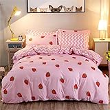 Freyamy Kinderbettwäsche 135x200cm 2teilig Rosa Rot Cartoon Erdbeere Kinder...