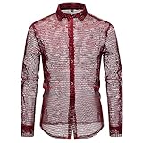 Herren Pailletten Glitzerhemd Herren Metallic Glänzend Transparent Nachtklub Party...