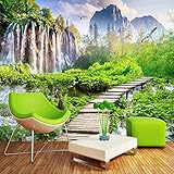 Wandbilder Fototapete – Wasserfall Berg Wald Holzbrücke Landschaft – Abziehen und...