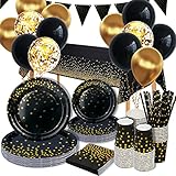 GOLDNICE Partygeschirr Set Schwarz und Gold, 25 Gäste Pappteller Geschirr mit...